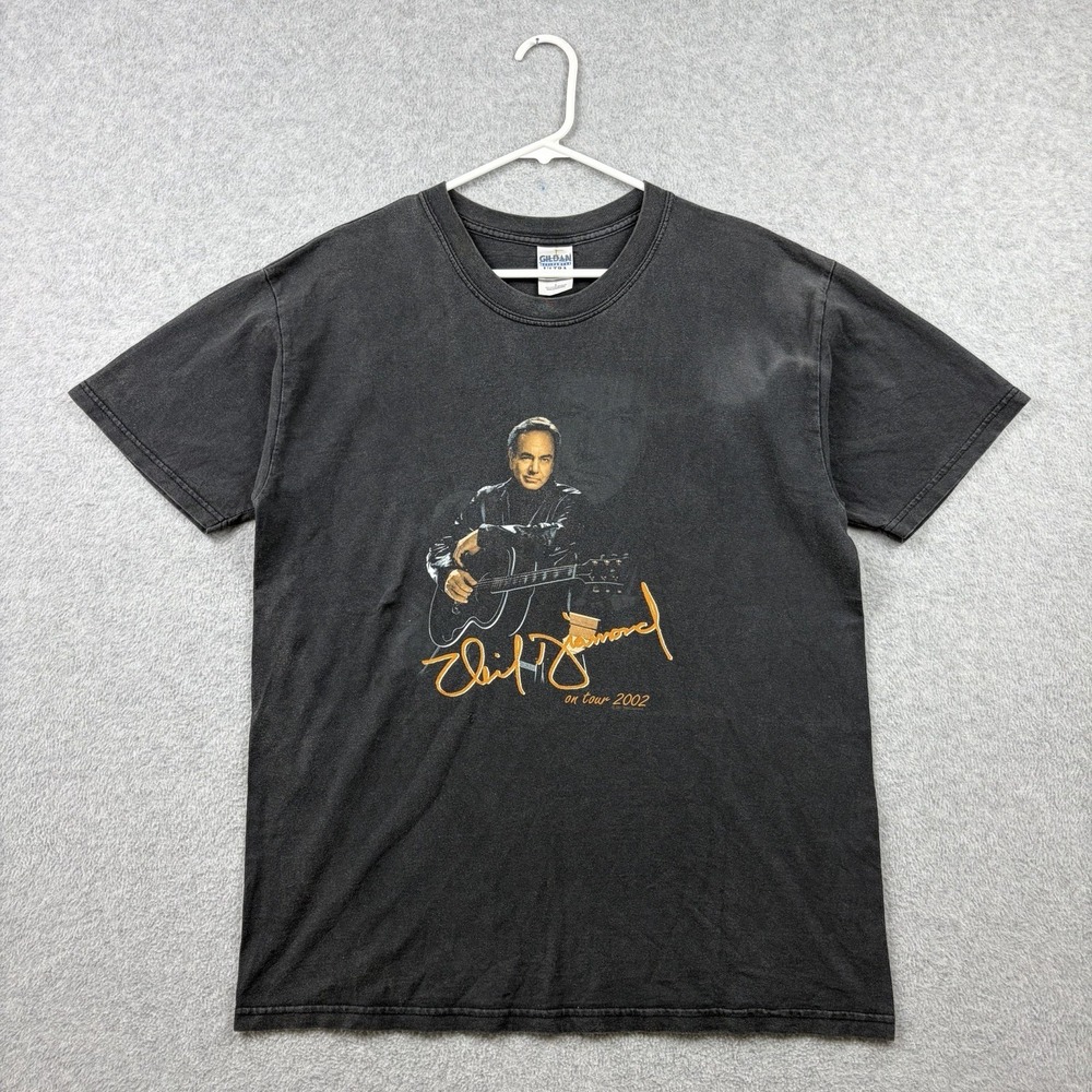 Vintage Neil Diamond T Shirt Men's Large Black Faded Y2K Band Tee Grunge 2 Sided
